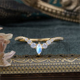 2 Prong Marquise & Round Cut Moonstone Curved Wedding Band Stacking Ring